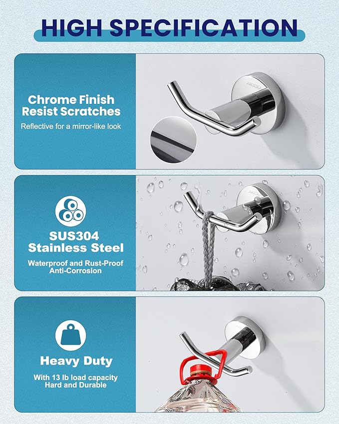 ARCORA Stainless Steel Towel Hooks: Chrome Towel Hooks for Bathroom Heavy Duty Robe Hook for Bathroom Bedroom