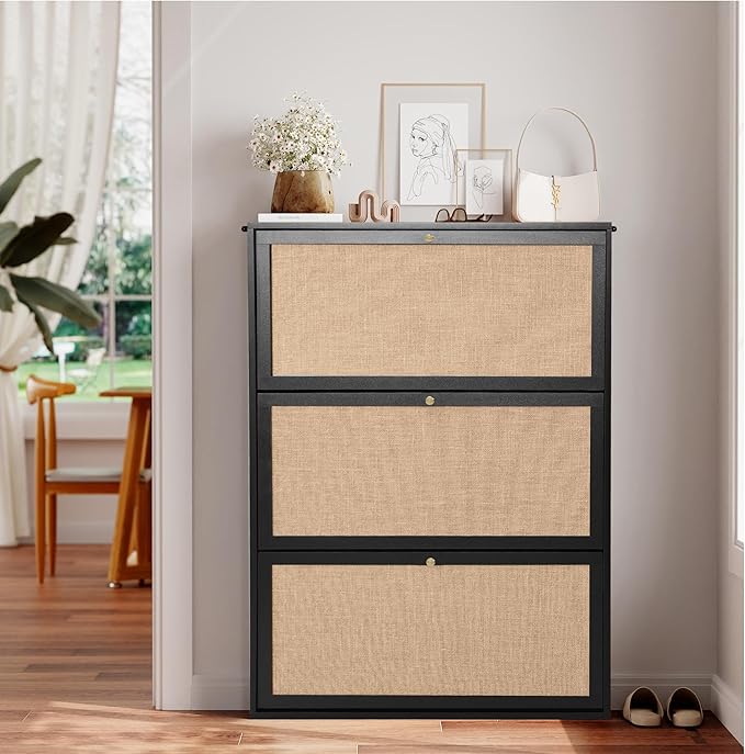 AVZEAR Narrow Shoe Storage Cabinet for Entryway with Natural Linen Panel, Freestanding Slim Shoe Cabinet with 3 Flip Drawers, Wood Shoe Organizer Closed Shoe Rack for Hallway, Living Room(Black)-NeatNest
