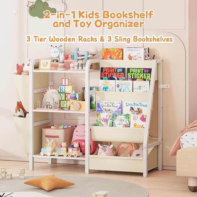 B3 Kids Bookshelf and Toy Storage, Book Shelf for Kids Rooms, Toddler Bookshelf for Small Spaces, 3-Tier Sling Montessori Baby Bookcase for Nursery, Bedroom, Playroom, White