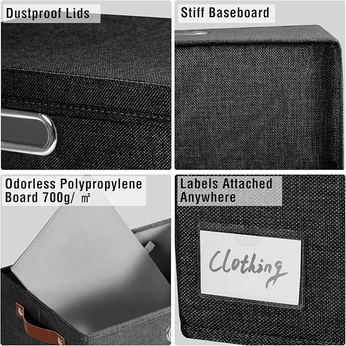 17" Large Collapsible Storage Bins with Lids, Stackable Closet Organizers with PU Handle and Labels, 3-Pack Decorative Fabric Storage Boxes for Home, Bedroom, Closet, Office, Nursery(Black)-NeatNest