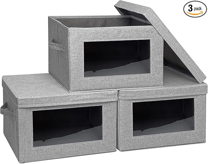 3-Pack Fabric Storage Bins with Lids, Foldable Storage Boxes with Handles & Clear Window, Closet Organizers for Clothes, Books (Grey, 3PCS/17.3 x 11.8 x 11.8 in)-NeatNest