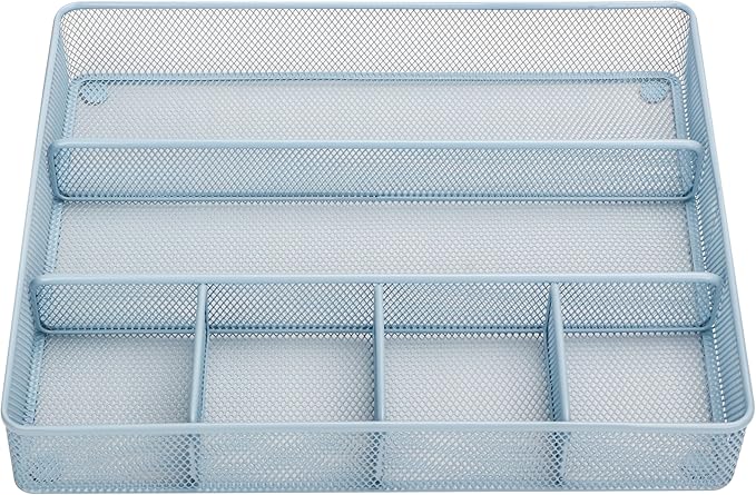 Annova Desk Top Organizer/Storage Tray - Metal Mesh with Dividers for Pens, Desktop Accessories, Bathroom, Kitchen, Makeup and Office Supplies (Large, Morandi Blue)-NeatNest