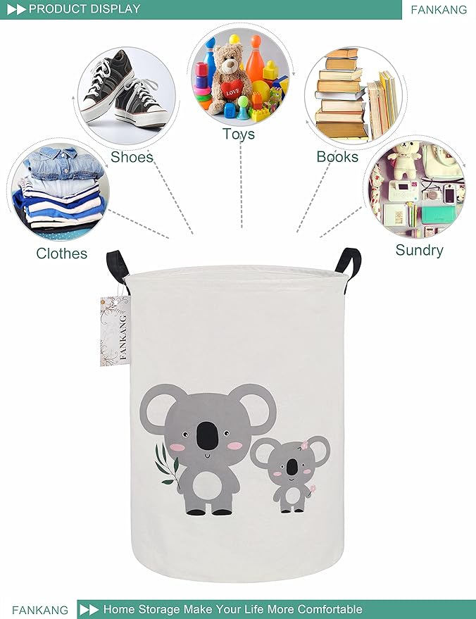 FANKANG Storage Basket, Nursery Hamper Canvas Laundry Basket Foldable with Waterproof PE Coating Large Storage Baskets for Kids Boys and Girls, Office, Bedroom, Clothes,Toys(Koala)
