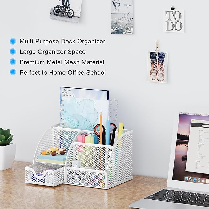 EasyPAG Mesh Desk Organizer, Multi-functional Stationery Organizer for School Supplies, Office Pen Holder for Desk, 6 Compartments Dorm Organization with Drawer, White
