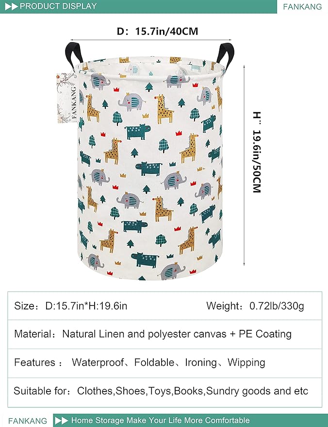 FANKANG Storage Basket, Nursery Hamper Canvas Laundry Basket Foldable with Waterproof PE Coating Large Storage Baskets for Kids Boys and Girls, Office, Bedroom, Clothes,Toys(Froest animals)
