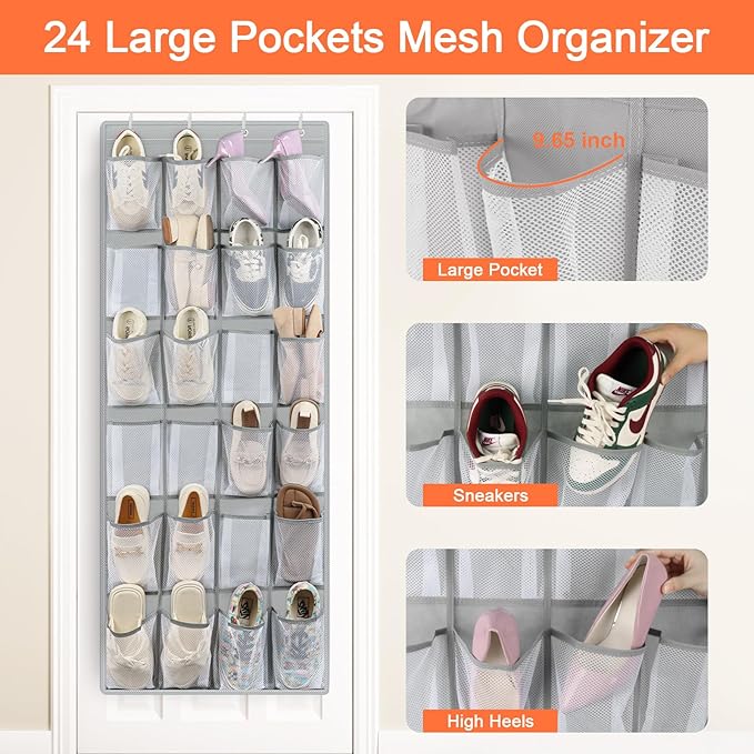 FENTEC 2 Pack Over the Door Shoe Organizer Hanging Shoe Organizer for Closet, Space Saving Mesh Large Pocket Shoe Storage and Organizer with 24 Packets, Shoe Holder for Apartments Garages, Gray-NeatNest