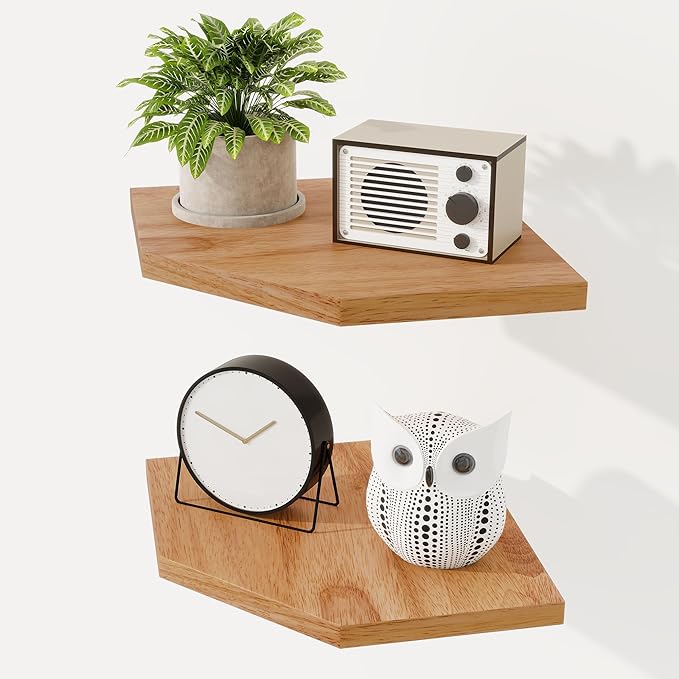 Fun Memories Corner Shelf Wall Mount Set of 2 - Solid Oak Wood Floating Corner Shelf with Cable Hole, 8.5in Rustic Design for Bedroom, Living Room, Kitchen (Natural)-NeatNest