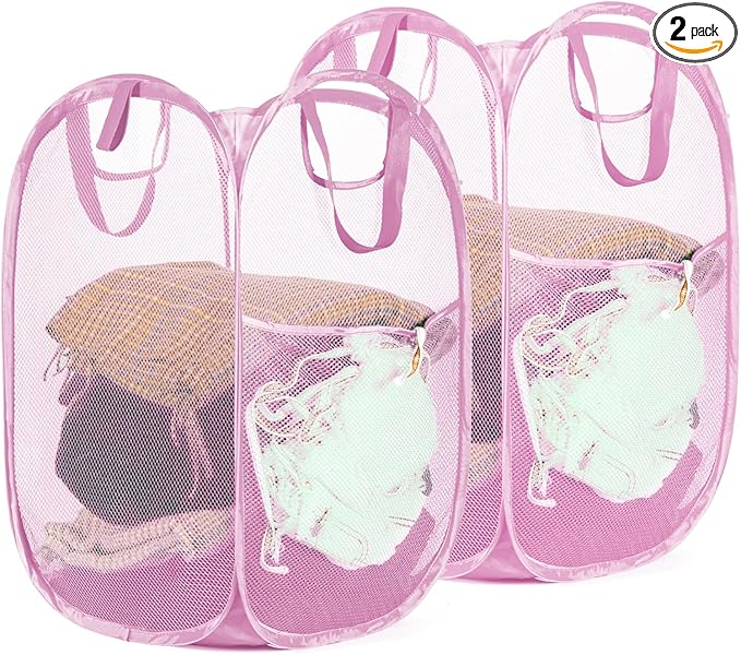 2 Pack Strong Mesh Pop-up Laundry Hamper, Quality Pop Up Hampers for Laundry with Durable Handles Solid Bottom High Carbon Steel Frame, Easy to Open and Fold Flat for Storage(Light Pink)-NeatNest