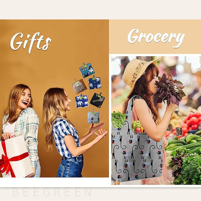 BeeGreen Shopping Bags Cloth Grocery Bags Foldable Travel Bag Tote Bags Bulk - Reusable Gift Bags with Handles (6 Pack) - Heavy Duty Large Washable Animal Holiday Design for Women Travel & Groceries-NeatNest