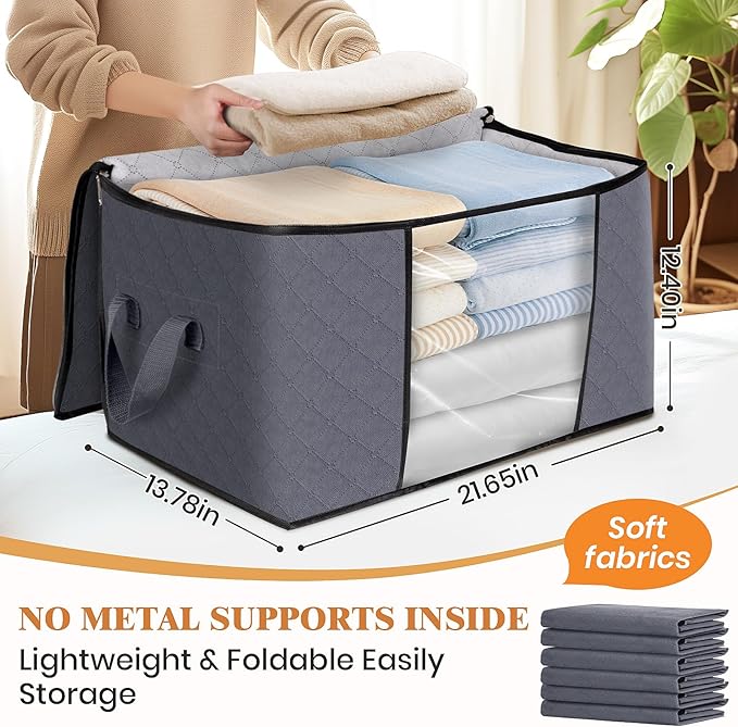 Fab totes 8 Pack Clothes Storage, Foldable Thick Fabric Blanket Storage Bags, Containers for Organizing Bedroom, Closet, Clothing, Comforter,Closet Organization with Handle,Grey-NeatNest