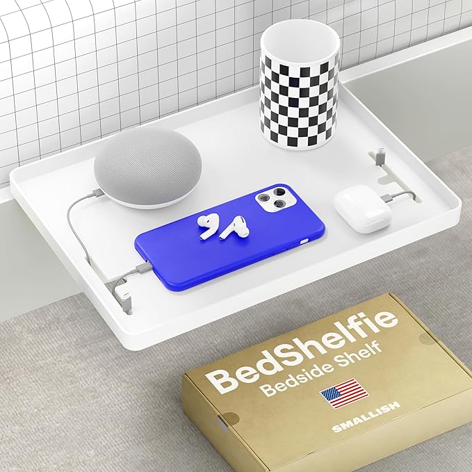 BedShelfie Bedside Shelf for Dorm Room Bunk Bed & Top Bunk, College Dorm Room Essentials, Bedside Caddy, Clip on Floating Desk Tray, Bed Side Table Storage, Loft Nightstand Decor - Cable Catch, White-NeatNest