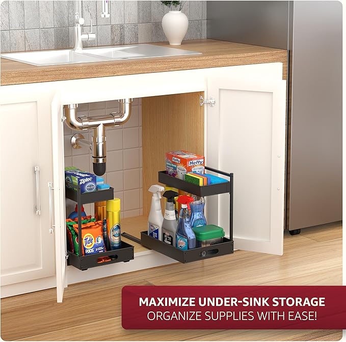 Sorbus Under Sink Organizer with Sliding Tracks – Pull Out Cabinet Organizer with Drawer & Installation Rails – Under Cabinet Bathroom Storage Organizer for Kitchen, Pantry, or Vanity –Black 2 Pack-NeatNest