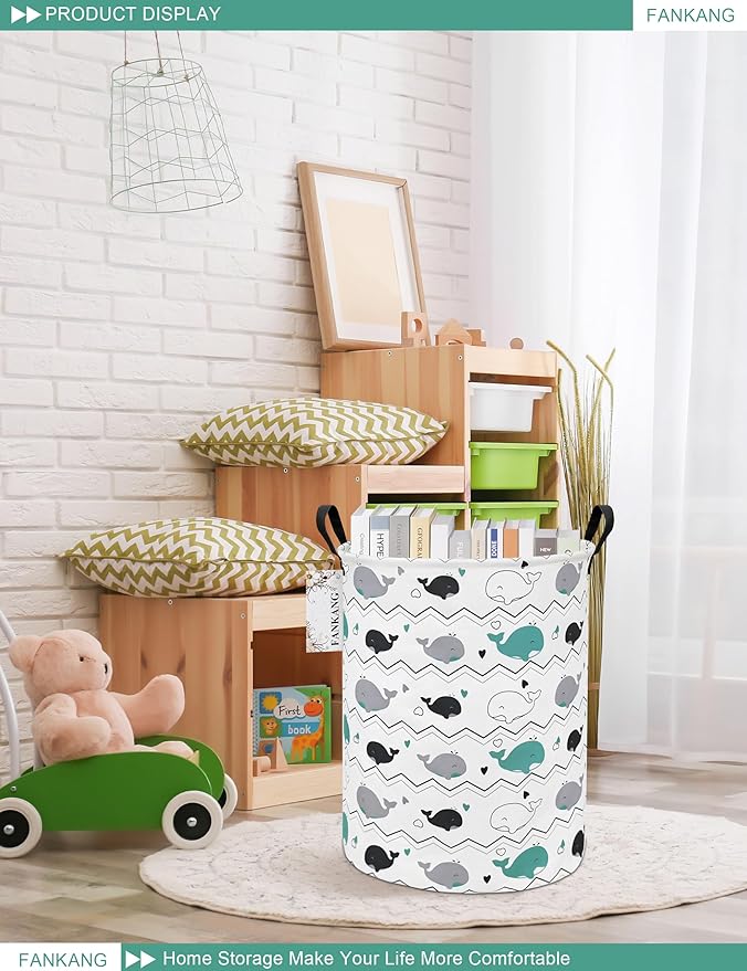 FANKANG Storage Basket, Nursery Hamper Canvas Laundry Basket Foldable with Waterproof PE Coating Large Storage Baskets for Kids Boys and Girls, Office, Bedroom, Clothes,Toys(Whales)