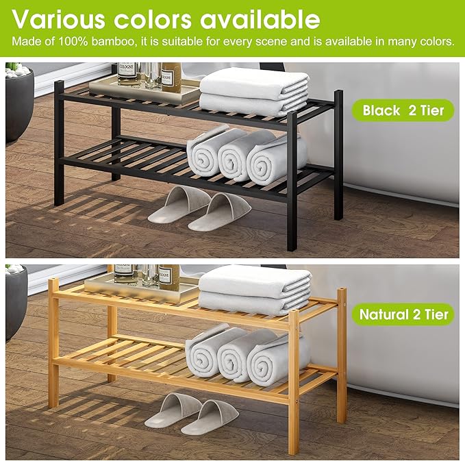 BMOSU 2-Tier Bamboo Shoe Rack Premium Stackable Shoe Shelf Storage Organizer for Hallway Closet Living Room Entryway Organizer (Black Bamboo)-NeatNest
