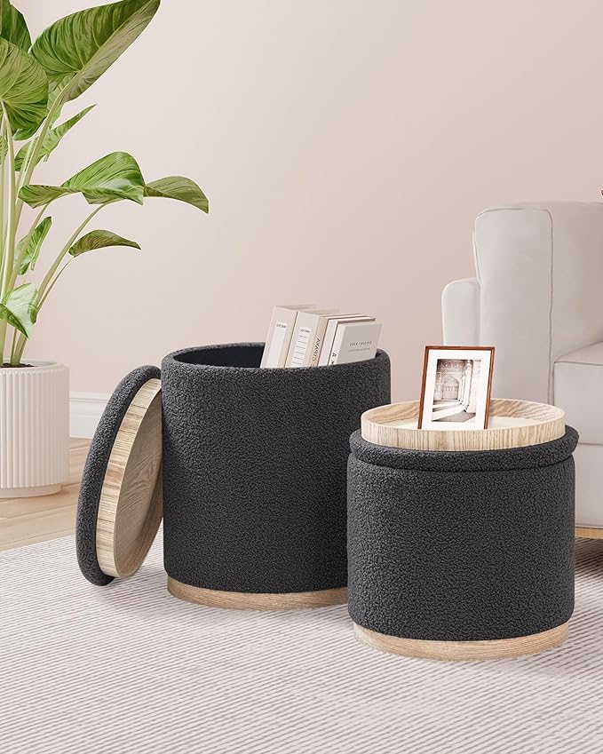 B FSOBEIIALEO Storage Ottoman Round Boucle Ottomans with Tray, Set of 2 Teddy Foot Rest Ottoman Cube with Storage for Living Room, Dark Grey 15"x15"x16.9"