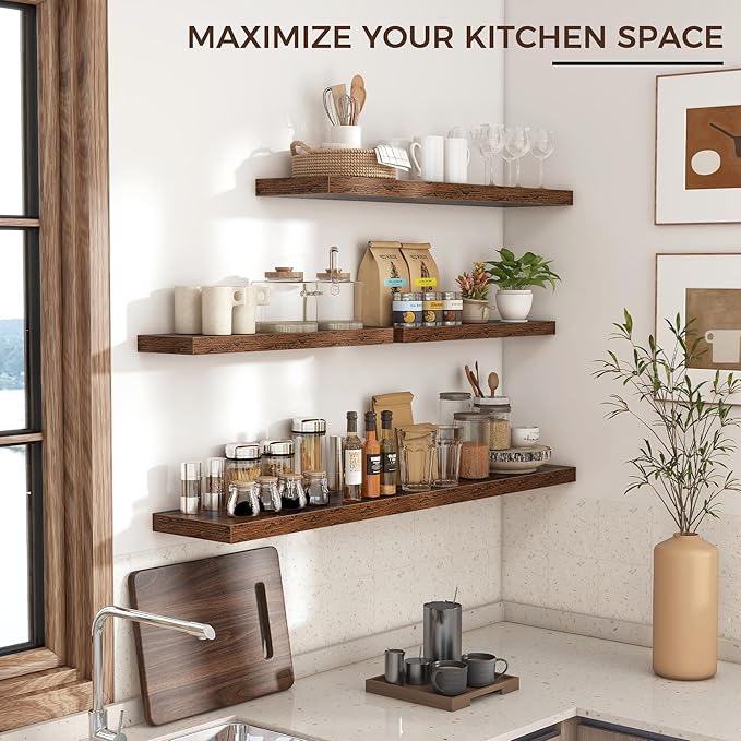 Floating Shelves for Wall, 48"W x 9"D x 1.5"H, 2 Pack of Long Wall Mounted Engineered Wood Shelves with Invisible Brackets for Living Room, Bedroom, Bathroom, Kitchen Decor, Rustic Brown-NeatNest