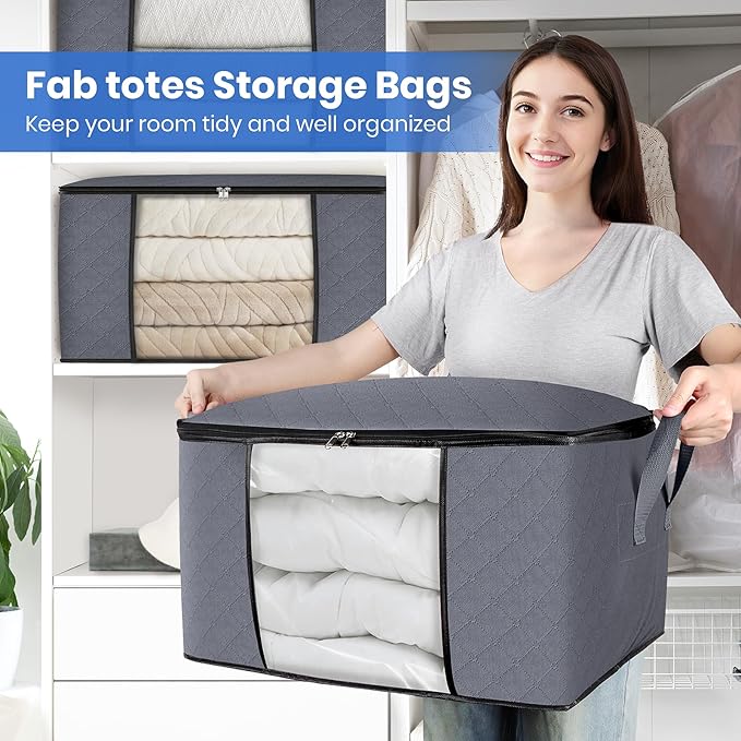 Fab totes 3-Pack Clothes Storage, Foldable Blanket Storage Bags, Containers for Organizing Bedroom, Closet, Clothing, Comforter, Organization with Lids and Handle, Grey-NeatNest
