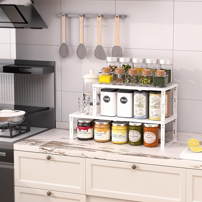 Heavy-Duty Adjustable Metal Shelf Organizer - Expandable & Stackable Pantry Storage Rack for Kitchen, Bathroom, RV, Cabinets(2 Packs/White, Medium)-NeatNest