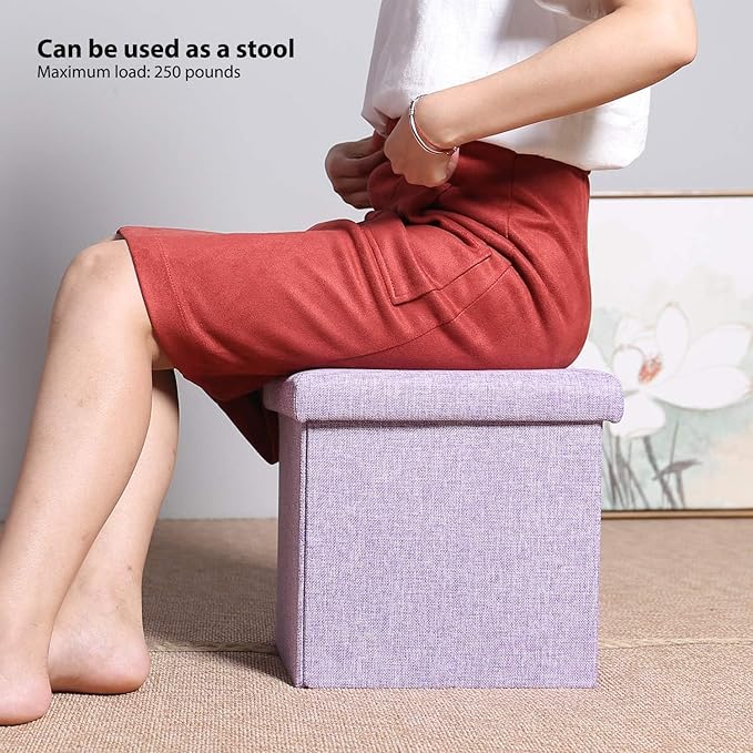 B FSOBEIIALEO Storage Ottoman Cube, Linen Small Foot Seat, for Living Room, Bedroom, Home Office, Dorm Storage Footrest Light Purple 11.8"x11.8"x11.8"
