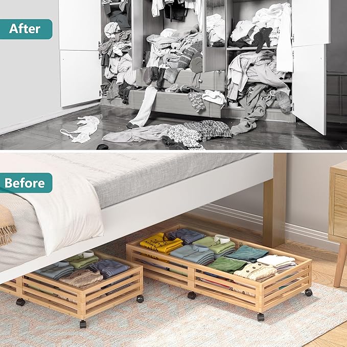 Bamboo Under Bed Storage Containers- Underbed Organizer with Wheels with Large Dust Bag,Sturdy Wood Rolling Under the Bed Shoe Storage Organizer Drawer 2 Packs (Nature, Long)-NeatNest