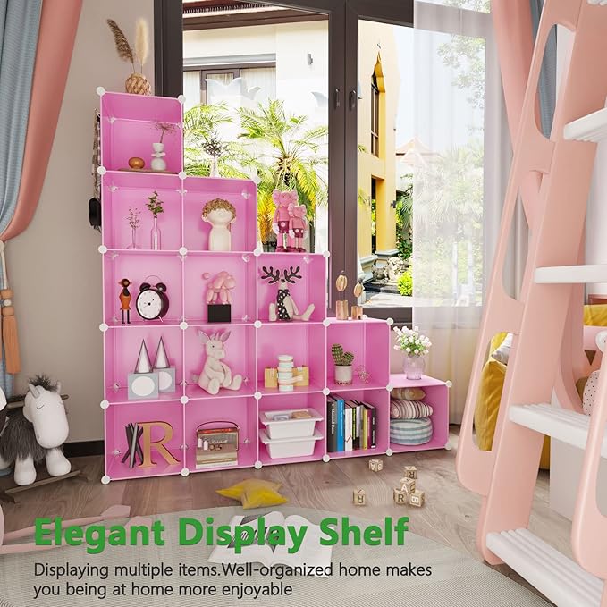 C&AHOME Cube Storage Organizer, 16-Cube Shelves Units, Plastic Storage Cubes, DIY Closet Organizer, Modular Closet Storage Shelves Ideal for Home, Bedroom, 48.4" L × 12.4" W × 48.4" H Pink UPCS16P