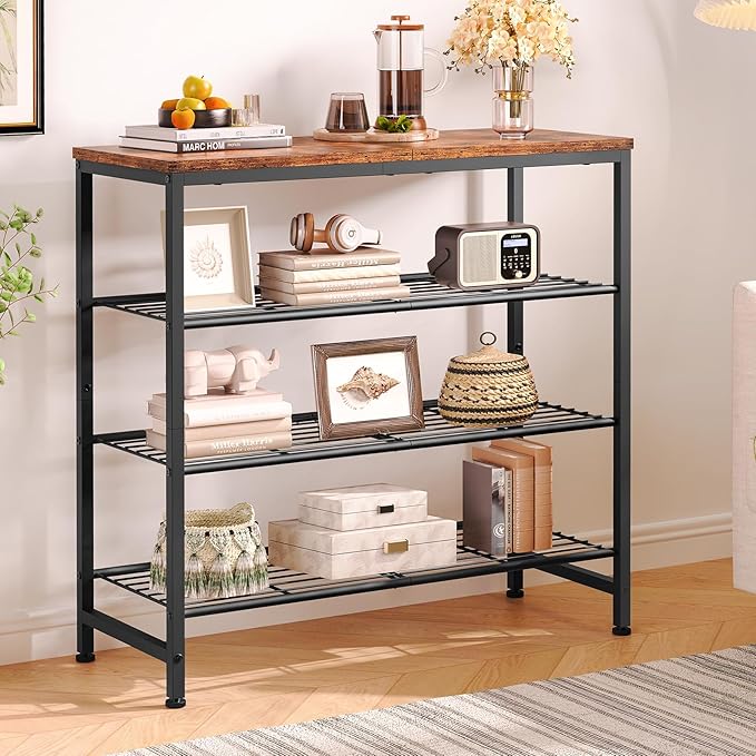 usikey 4-Tier Shoe Rack, Industrial Shoe Storage Organizer for 9-12 Pairs of Shoes, Metal Shoe Shelf with Wooden Top, Shoe Stand with 3 Metal Shelves for Entryway, Hallway, Closet, Rustic Brown-NeatNest