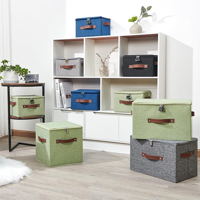 2PCS Storage Bins Box with Zipper Lid Combination Lock PU Leather Handles Cotton Linen Fabric Lidded Lockable Basket Foldable Washable Closet Shelf Organizer Container (Light Green, Large)