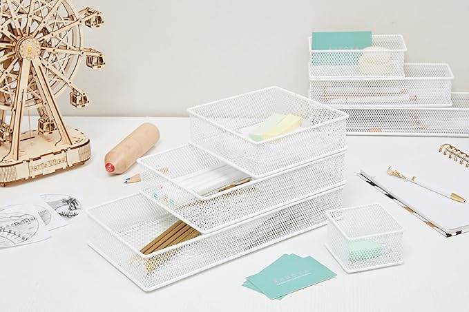 Annova Mesh Stackable Drawer Cabinet and Shelf Organizer Bins Storage Basket School Office Supply Holder Tray- Set of 2 (White, 6x9x2 Inch)-NeatNest