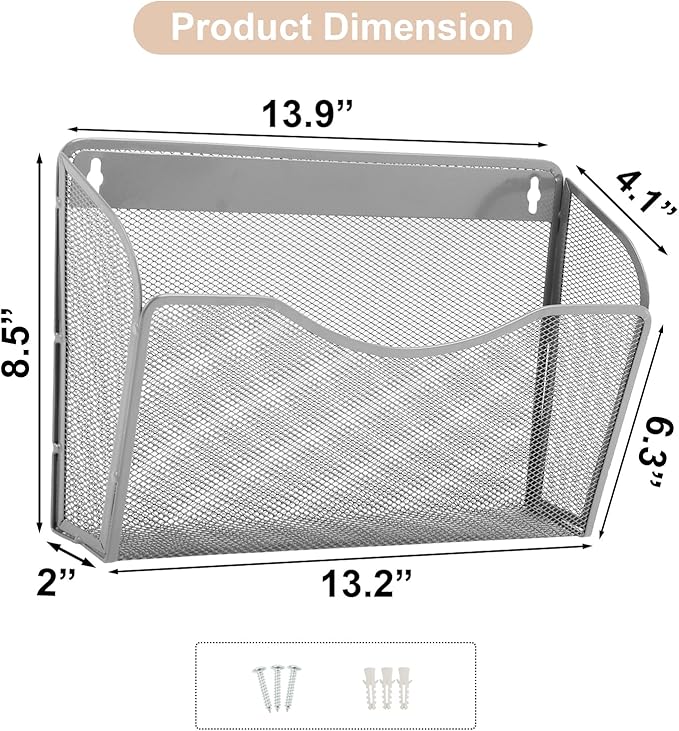 EASEPRES 3 Single Pocket Mesh Hanging File Organizer, Vertical Wall Mounted Magazine File Holder, Mount Basket Mail Paper Document Folder Organizing for Office, Home and School, Gray