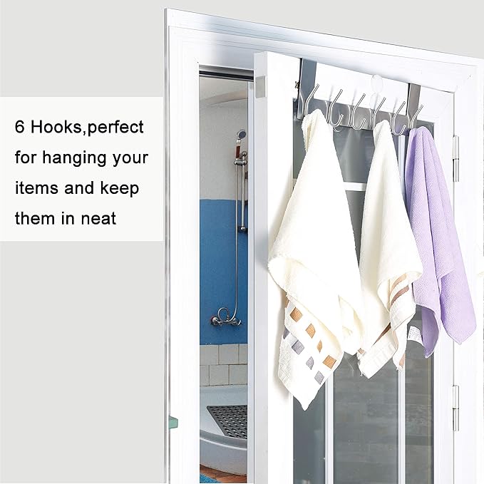 WEBI Over The Door Hooks,Door Hanger Over The Door Towel Rack,Door Coat Towel Hanger Door Coat Rack 6 Hooks for Hanging Clothes,Jacket,Hats,Bathroom,White,2 Packs
