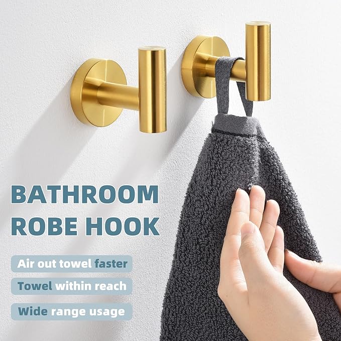 APLusee Hand Towel Hook 2 Pack Brushed Gold, 304 Stainless Steel Bath Robe Hanger, Wall Mounted