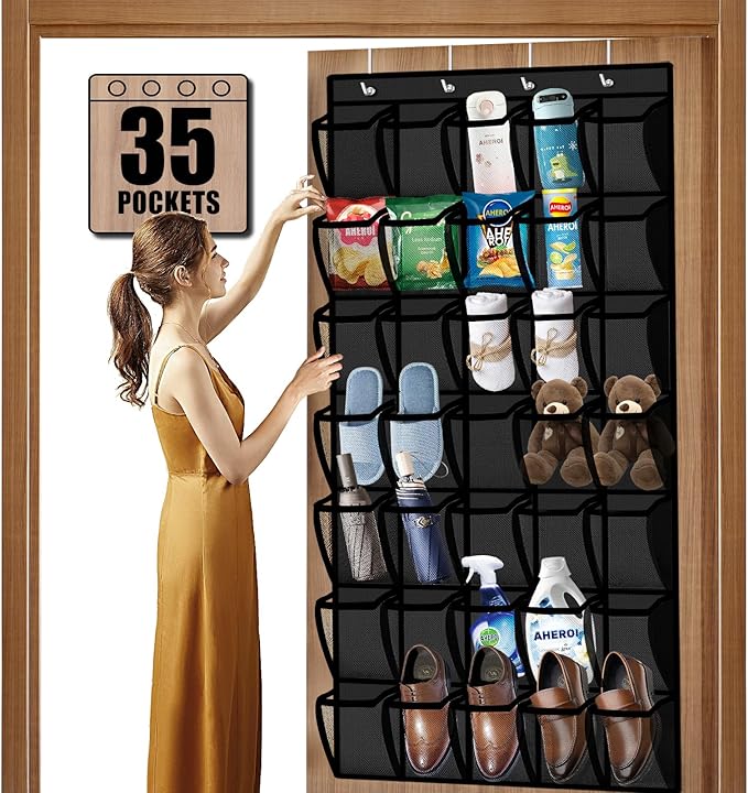 Aheroi 35 Pockets Large Over the Door Organizer, Breathable Mesh Pockets Hanging Shoe Organizer, Black Door Shoe Organizer Mesh Closet Shoe Holder Hanger Holds Up to 40 lbs, Space Saving Shoe Rack