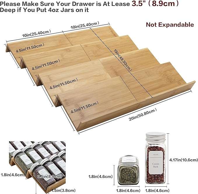 Bamboo Spice Rack Drawer Organizer - 8 Pieces Set- 10" Wide Per Piece - Combine Pieces Into 20" Wide Rack (10" or 20")-NeatNest