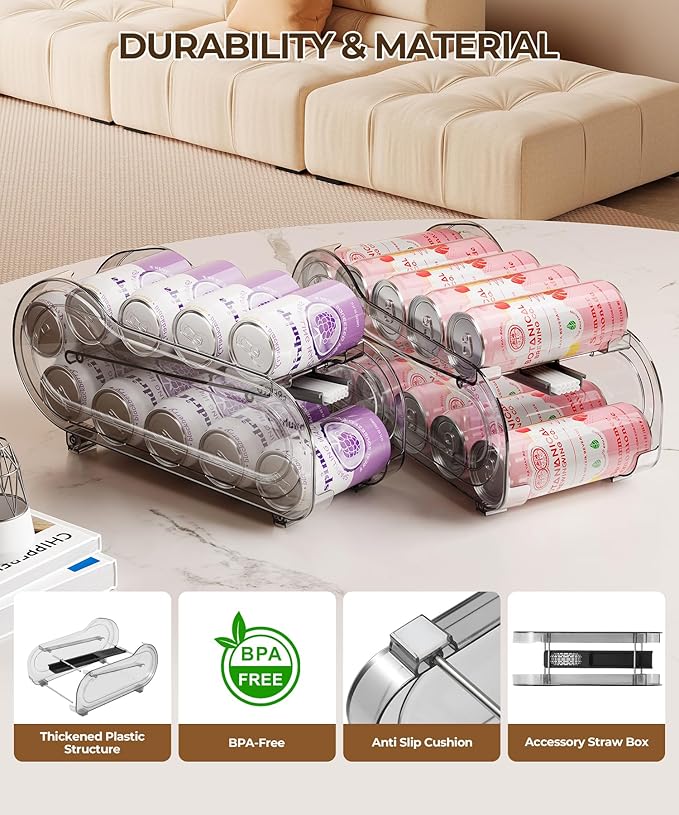 Drink Organizer for Fridge, Soda Can Organizer Dispenser for Refrigerator with Automatic Rolling,Organize Standard Size 11.15oz or 12oz Cans Drink,Save space for Fridge、Kitchen、countertop (4 pack)