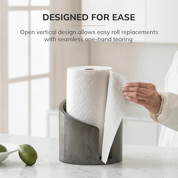 Anji Mountain Paper Towel Holder Countertop with Mango Wood Round Base and Iron Holder,Holder Stand for Kitchen Roll Organize,Wooden Paper Towel Holder for Kitchen Dining Table Home Decor
