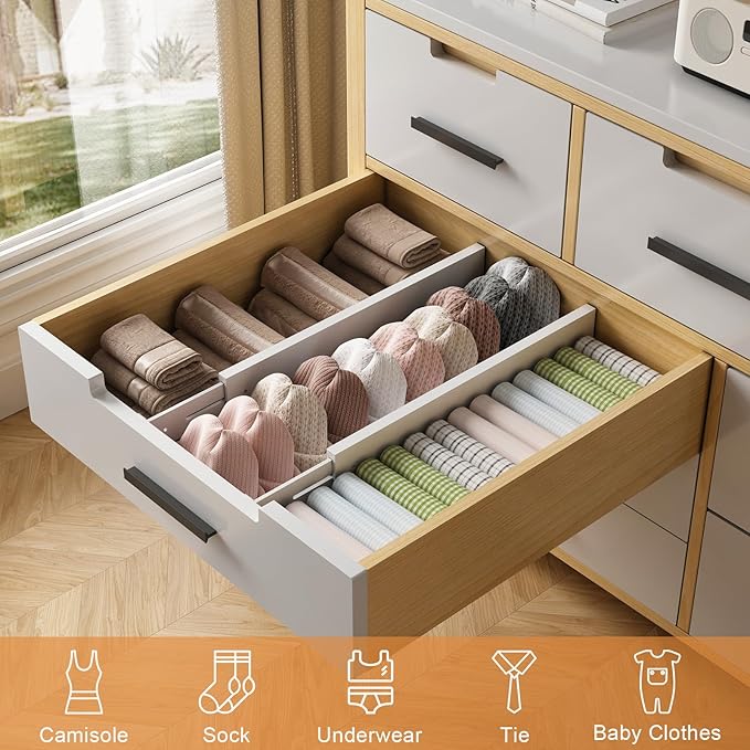 Bamboo Drawer Dividers,17-22" Adjustable Kitchen Drawer Organizer for Clothes,4 Pack Expandable Drawer Organization Separators for Bedroom,Bathroom,Dresser and Office,White-NeatNest