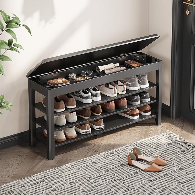 Shoe Rack Bench Seat Rubberwood 3-Tier Wooden Storage Bench 550lbs Compact Mid-Century Modern Design for Entryway, Hallway, Closet, Front Door Entrance, Foyer-NeatNest