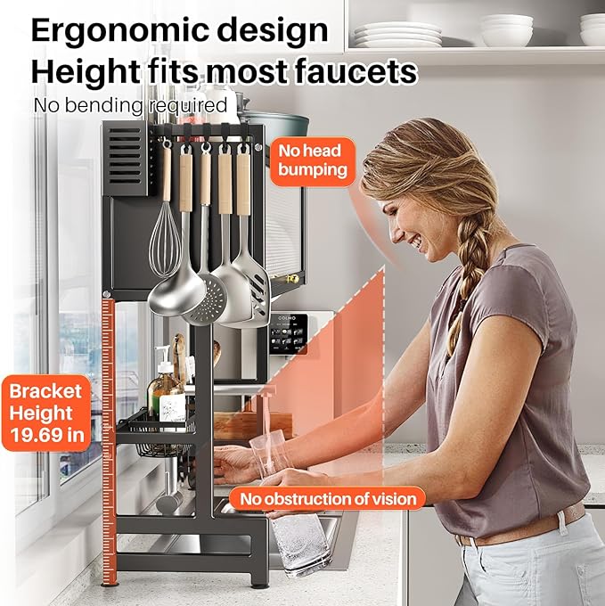 Over The Sink Dish Drainer Drying Rack 3 Tiers with Cover, Keep Kitchen Sink Shlef Organized Space-Saving Dish Drying Rack, Large Stainless Steel Sink Drying Rack for Dishes, Bowls, Cutlery (33.4"W)