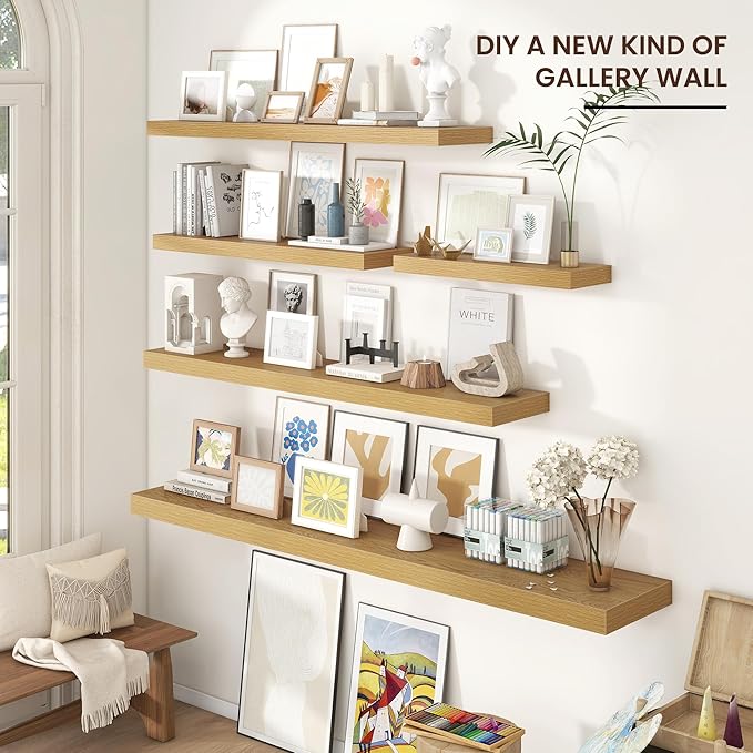 Floating Shelves for Wall, 48"W x 9"D x 1.5"H, 2 Pack of Long Wall Mounted Engineered Wood Shelves with Invisible Brackets for Living Room, Bedroom, Bathroom, Kitchen Decor and Storage, Oak-NeatNest
