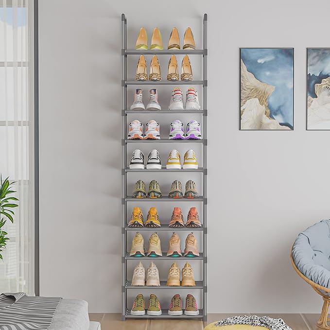 10-Tier Metal Shoe Rack, Narrow Shoe Rack Organizer, Sturdy Shoe Shelf for Closets, Entryway, Bedroom, Garage - Silver-NeatNest