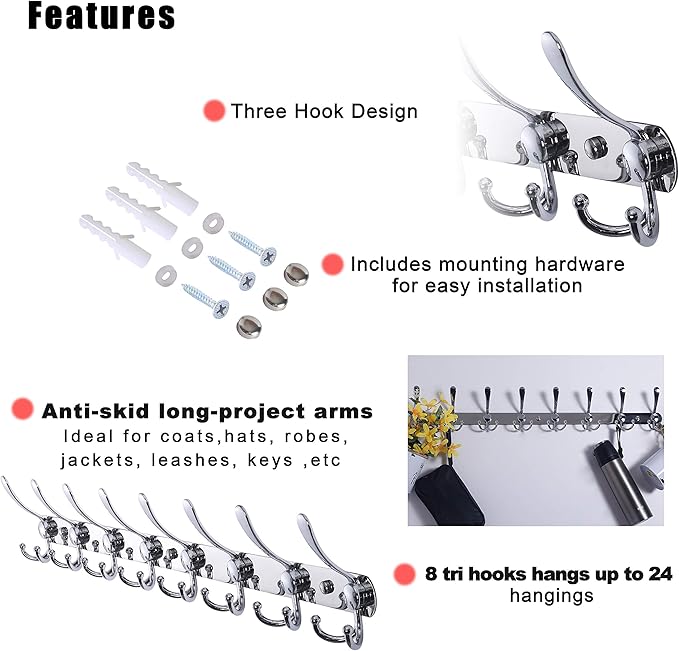 Dseap Coat Rack Wall Mount - 29.5” Long 8-Tri-Hooks Heavy Duty Coat Hanger Rail Wall Hooks for Hanging Coats Hats Clothing Clothes Purse Mudroom Entryway, Chromed-NeatNest