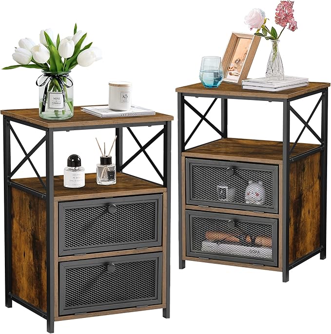 VECELO End Side Table, Modern Night Stand with Storage Space and Door, Set of 2 Nightstands for Living Room,Bedroom,Lounge,Antique Brown