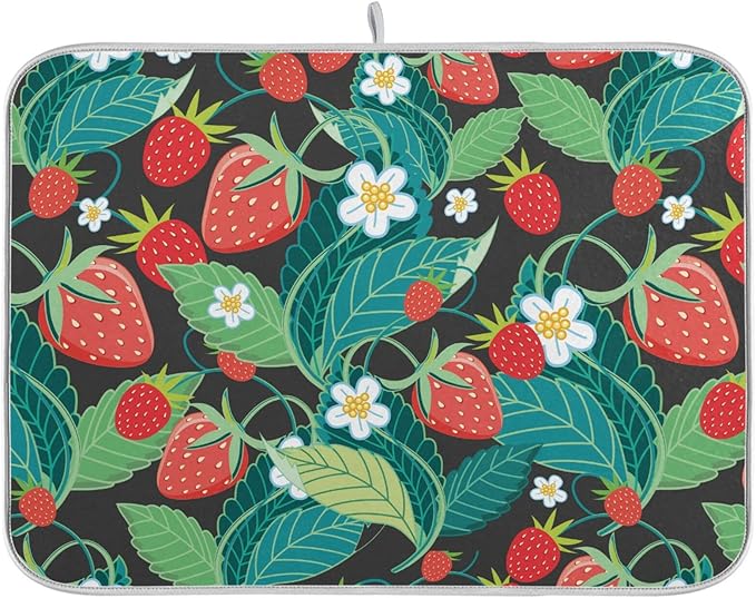 Absorbent Dish Drying Mat for Kitchen Counter - Strawberry Leaves Microfiber Drying Pad, Reversible Drainer Mats for Countertop, Large 18" x 24"