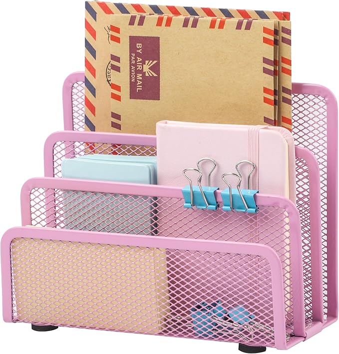 EASEPRES Desk Mail Organizer, Office Small Desktop Metal Mesh Envelope Letter Sorter Paper File Holder Organizer with 3 Vertical Upright Compartments, Pink 1 Pack