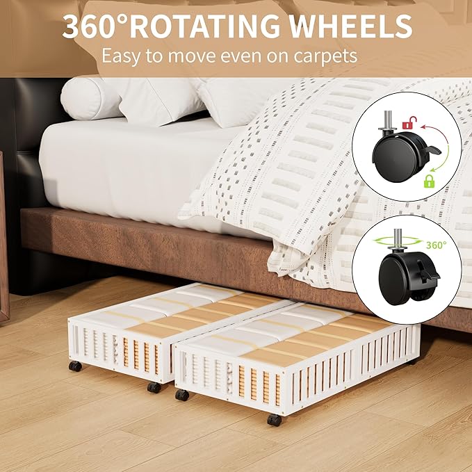 Bamboo Under Bed Storage with Wheels (2-Pack) – Rolling Underbed Shoe Organizer Box for Shoes, Blankets, Toys, Clothes Container Space-Saving Organizer Bins for Bedroom, Closet, Dorm, Nursery-NeatNest