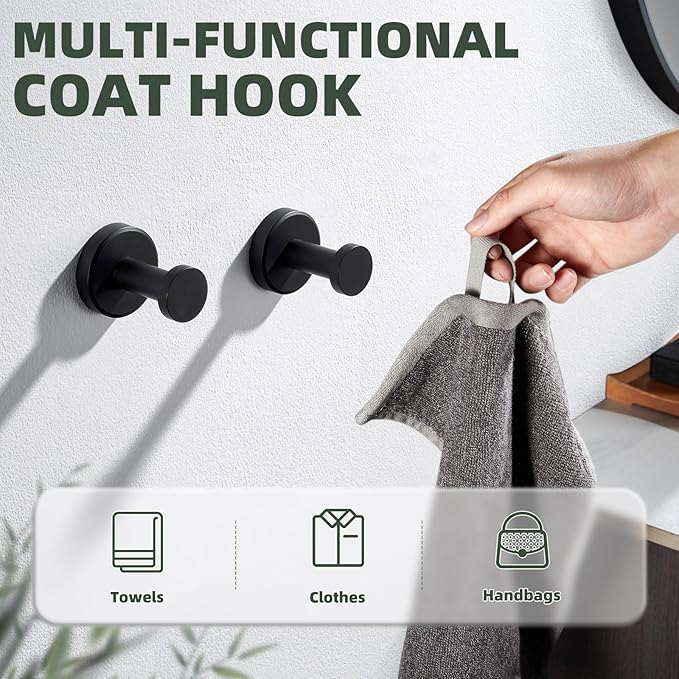 APLusee Matte Black Robe Towel Hook for Bathroom, 2 Pack Stainless Steel Coat Hooks, Heavy Duty Wall Hangers Wall Mounted
