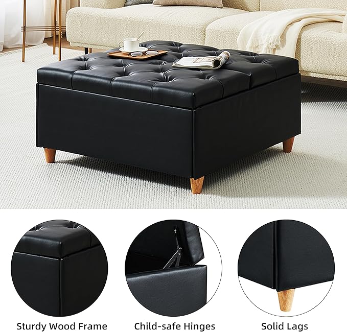 GAOMON Leather Storage Ottoman Coffee Table with Lift Top, Faux Leather Tufted Upholstered Ottoman with Storage, Large Square Storage Ottoman Bench for Bedroom Living Room(Leather, Black)