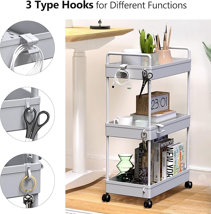 SOLEJAZZ 3 Tier Rolling Storage Cart with Wheels Slim Craft Nail Makeup Snack Art Baby Utility Cart Organizer on 2 Lockable Wheels for Bathroom Laundry Room Kitchen Bedside Narrow Spaces, Gray