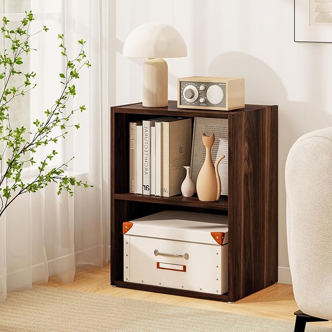 Giantex Bookshelf and Bookcase 2-Layer Storage Shelf, W/Large-Capacity Open Storage Space, MDF P2 Veneer, for Living Room Bedroom Study Office Multi-Functional Furniture Display Cabinet (Walnut, 2)