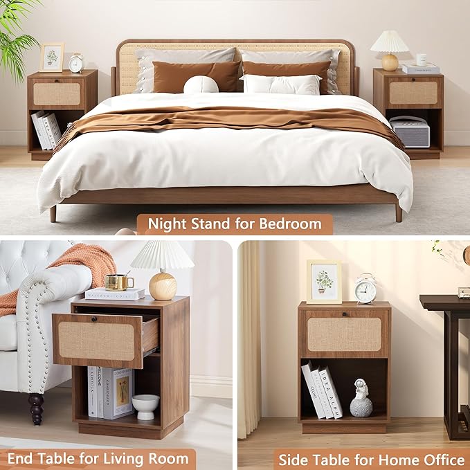 Mid Century Night Stand with Drawer, Farmhouse End Table with Storage & Curved Linen Panel, Modern Nightstands Bedside Table Small Side Tables for Small Space, Bedroom (Walnut)